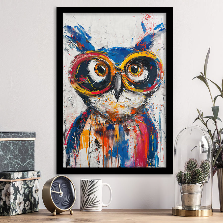 Owl Wearing Sungglasses Painting, Kids Art, Framed Art Prints Wall Decor, Picture Framed Painting