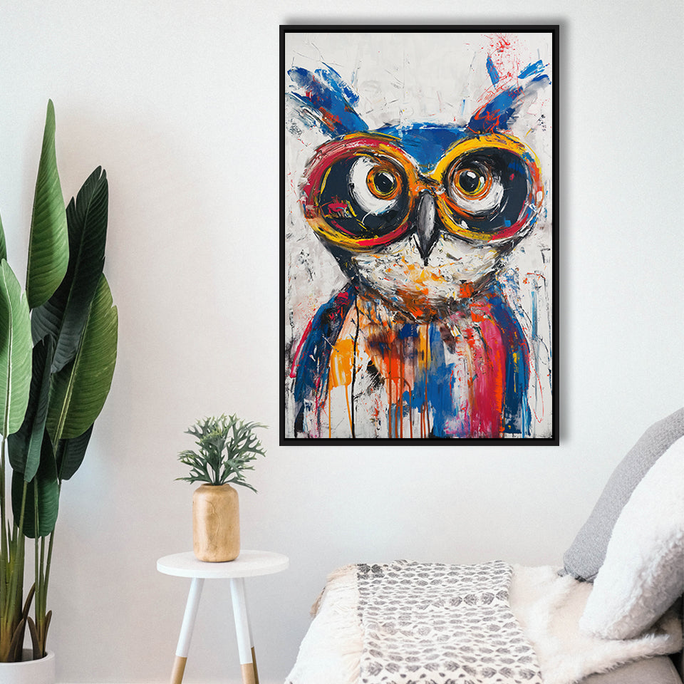 Owl Wearing Sungglasses Painting, Kids Art, Framed Canvas Prints Wall Art Decor, Floarting Frame Painting Canvas Art