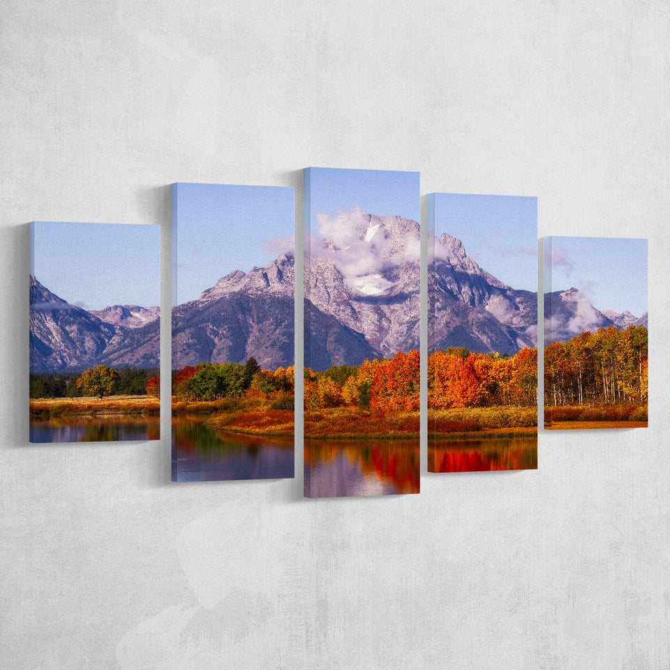 Oxbow Bend Sunrise, Grand Teton National Park, Multi Panel Canvas Print Wall Art Decor, 5 Mixed Panel