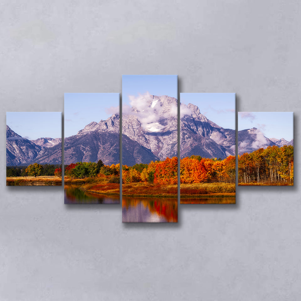 Oxbow Bend Sunrise, Grand Teton National Park, Multi Panel Canvas Print Wall Art Decor, 5 Mixed Panel