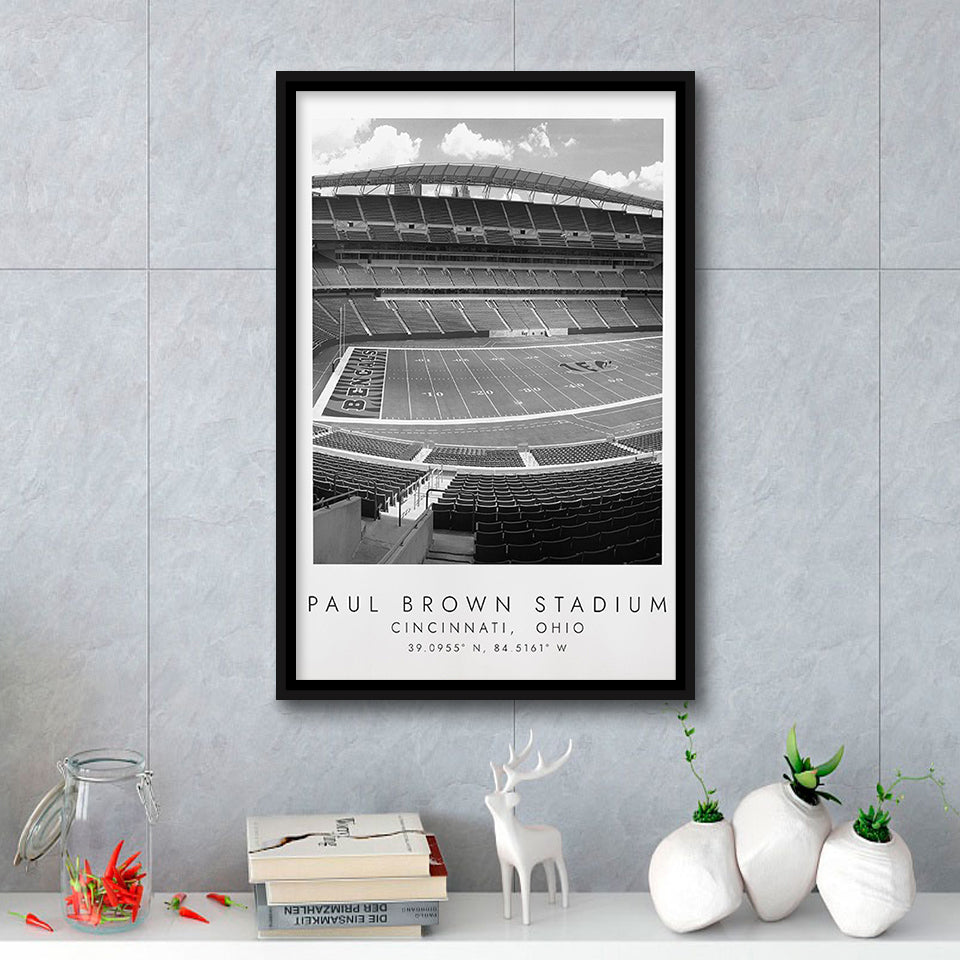 Paul Brown Stadium Cincinnati Bengals, Stadium Wall Art For Football Lovers, B&W, Floating Framed Canvas Print