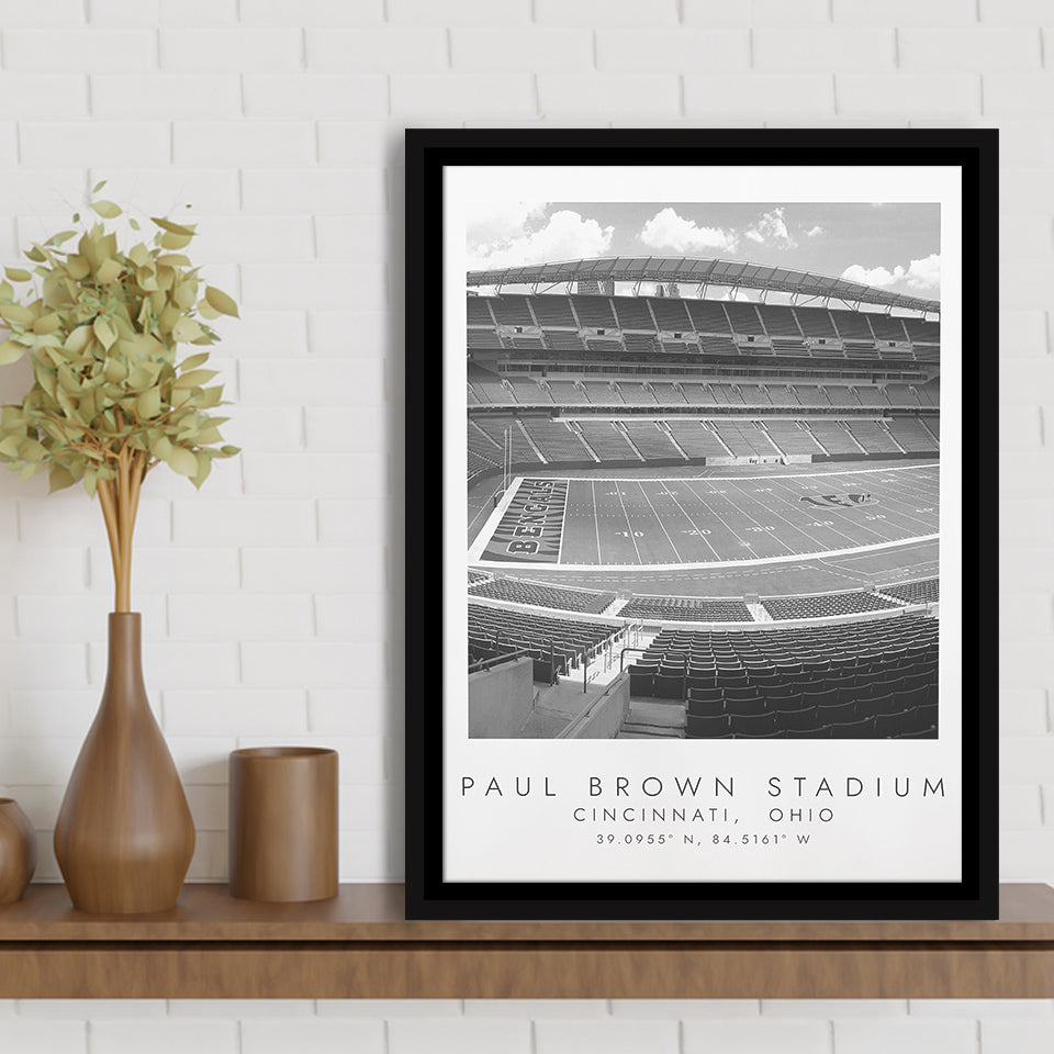 Paul Brown Stadium Cincinnati Bengals, Stadium Wall Art For Football Lovers, B&W, Floating Framed Canvas Print