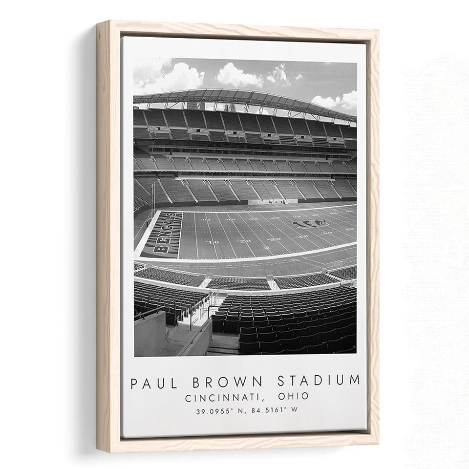 Paul Brown Stadium Cincinnati Bengals, Stadium Wall Art For Football Lovers, B&W, Floating Framed Canvas Print