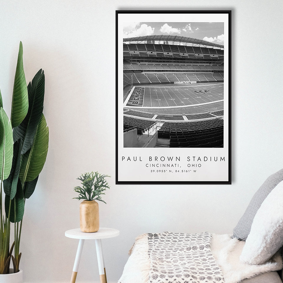 Paul Brown Stadium Cincinnati Bengals, Stadium Wall Art For Football Lovers, B&W, Floating Framed Canvas Print