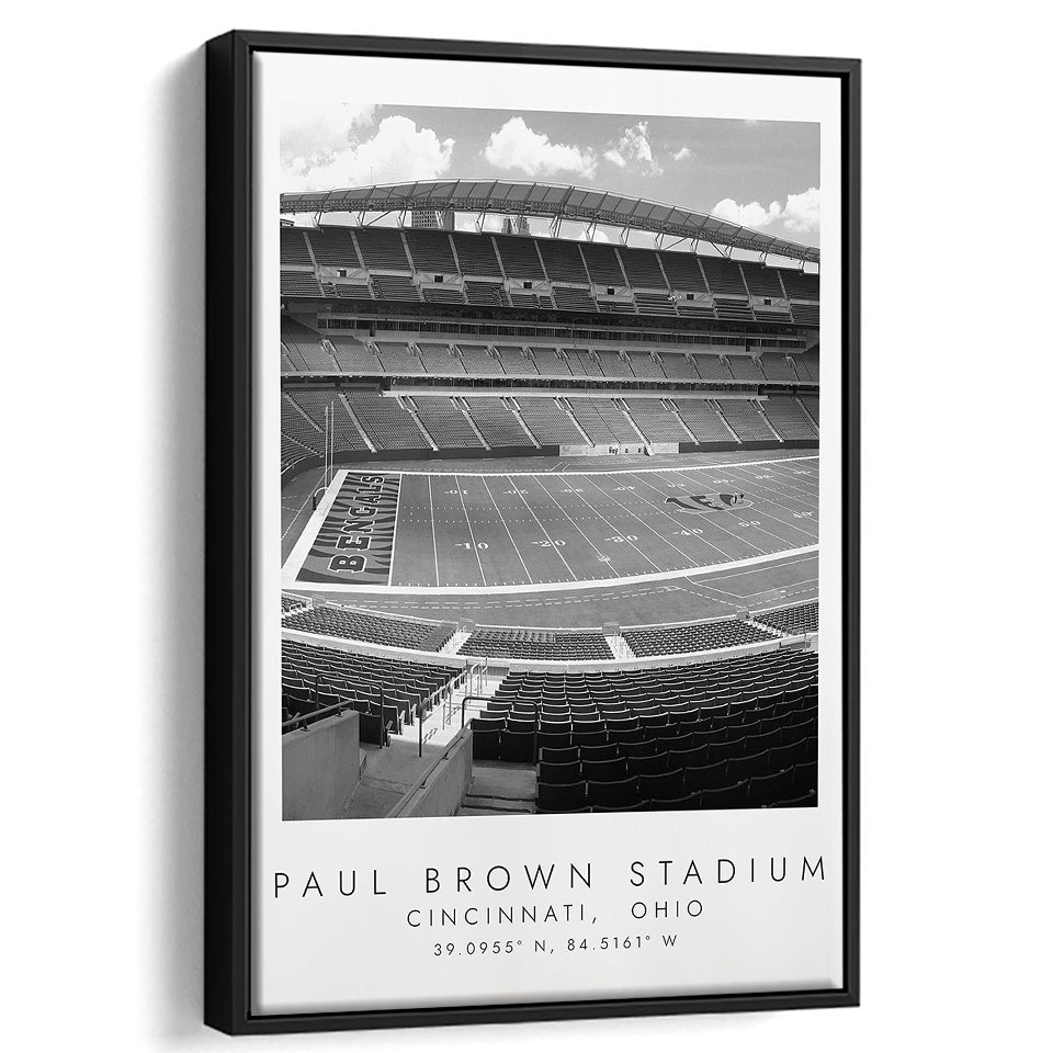Paul Brown Stadium Cincinnati Bengals, Stadium Wall Art For Football Lovers, B&W, Floating Framed Canvas Print