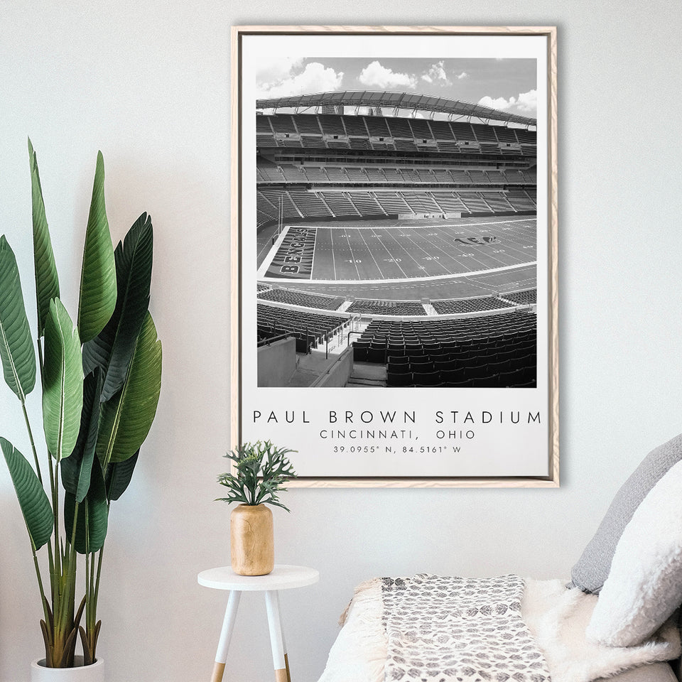 Paul Brown Stadium Cincinnati Bengals, Stadium Wall Art For Football Lovers, B&W, Floating Framed Canvas Print