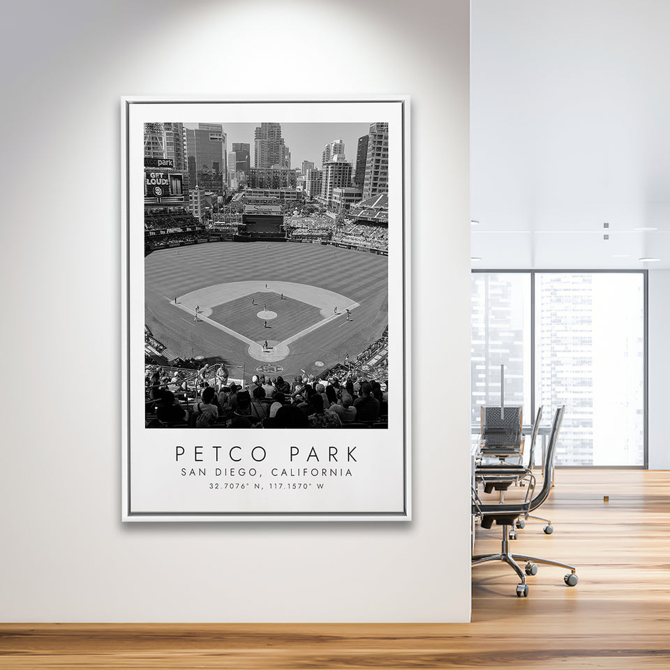 Petco Park San Diego Padres, Stadium Wall Art For Baseball Lovers, B&W, Floating Framed Canvas Print