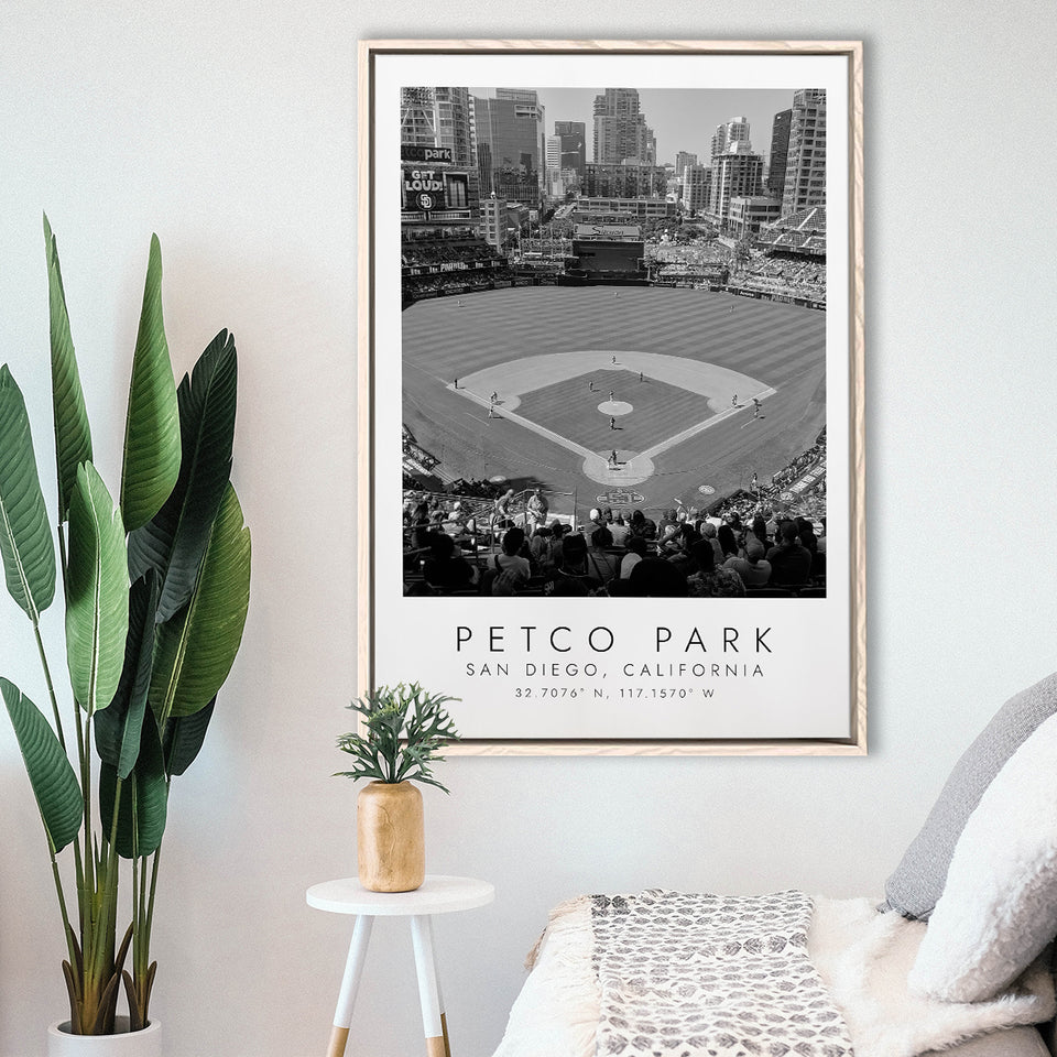 Petco Park San Diego Padres, Stadium Wall Art For Baseball Lovers, B&W, Floating Framed Canvas Print