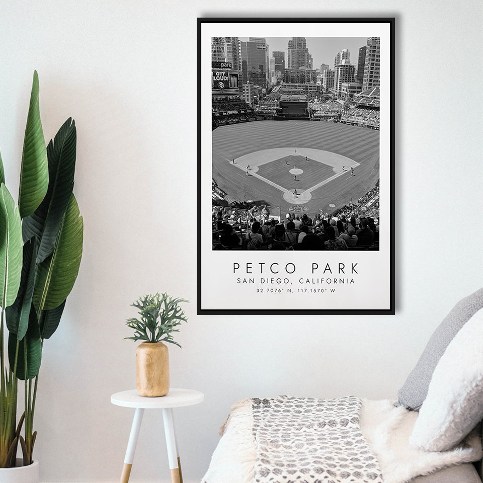 Petco Park San Diego Padres, Stadium Wall Art For Baseball Lovers, B&W, Floating Framed Canvas Print