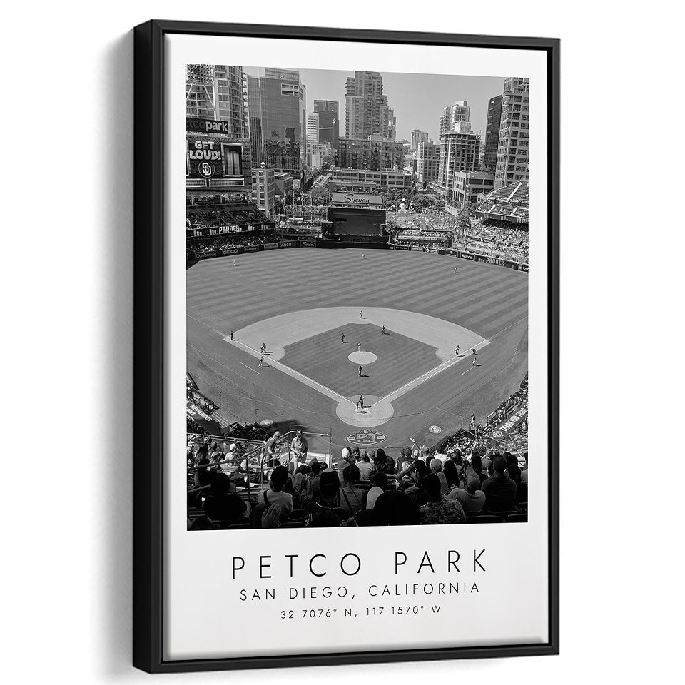 Petco Park San Diego Padres, Stadium Wall Art For Baseball Lovers, B&W, Floating Framed Canvas Print
