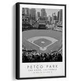 Petco Park San Diego Padres, Stadium Wall Art For Baseball Lovers, B&W, Floating Framed Canvas Print