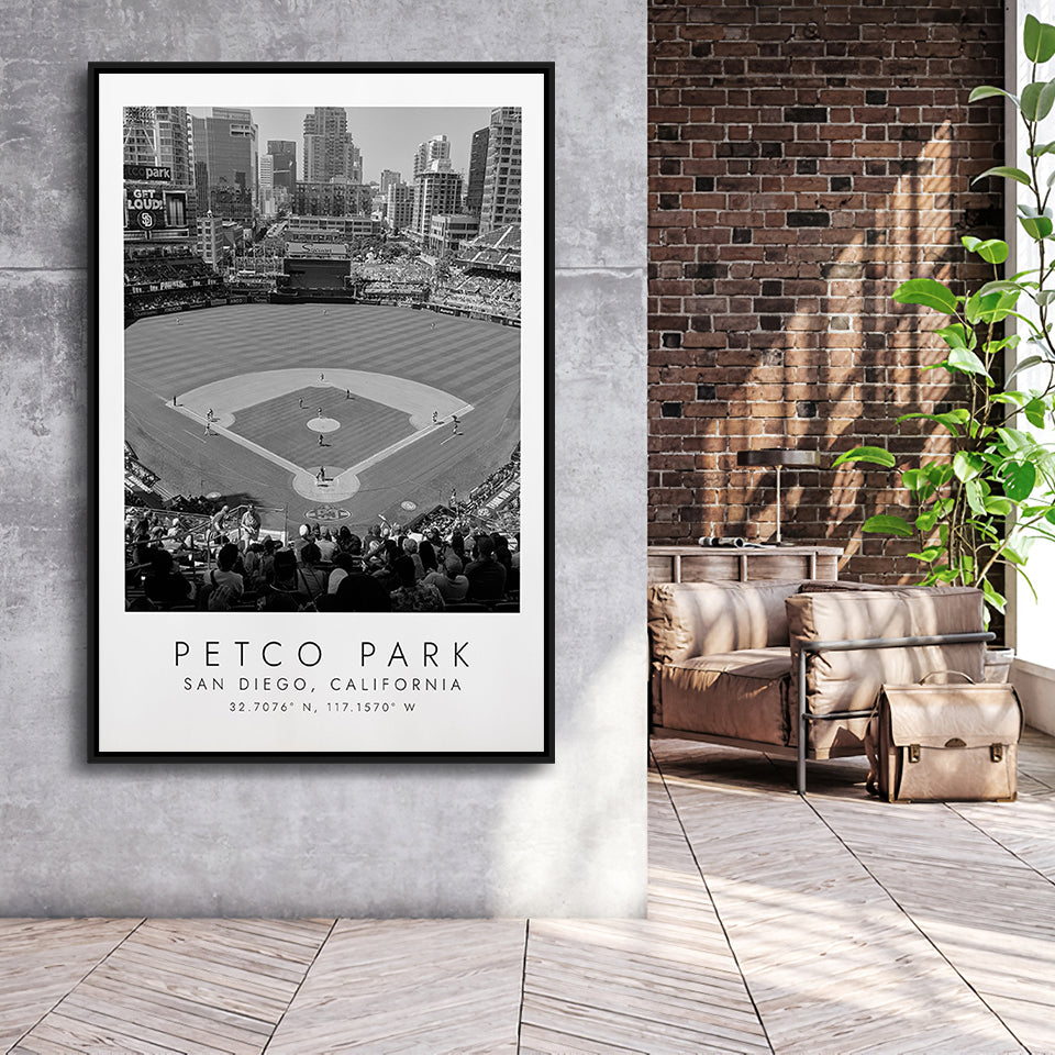 Petco Park San Diego Padres, Stadium Wall Art For Baseball Lovers, B&W, Floating Framed Canvas Print