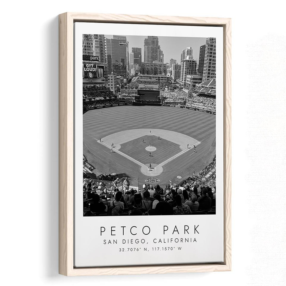 Petco Park San Diego Padres, Stadium Wall Art For Baseball Lovers, B&W, Floating Framed Canvas Print