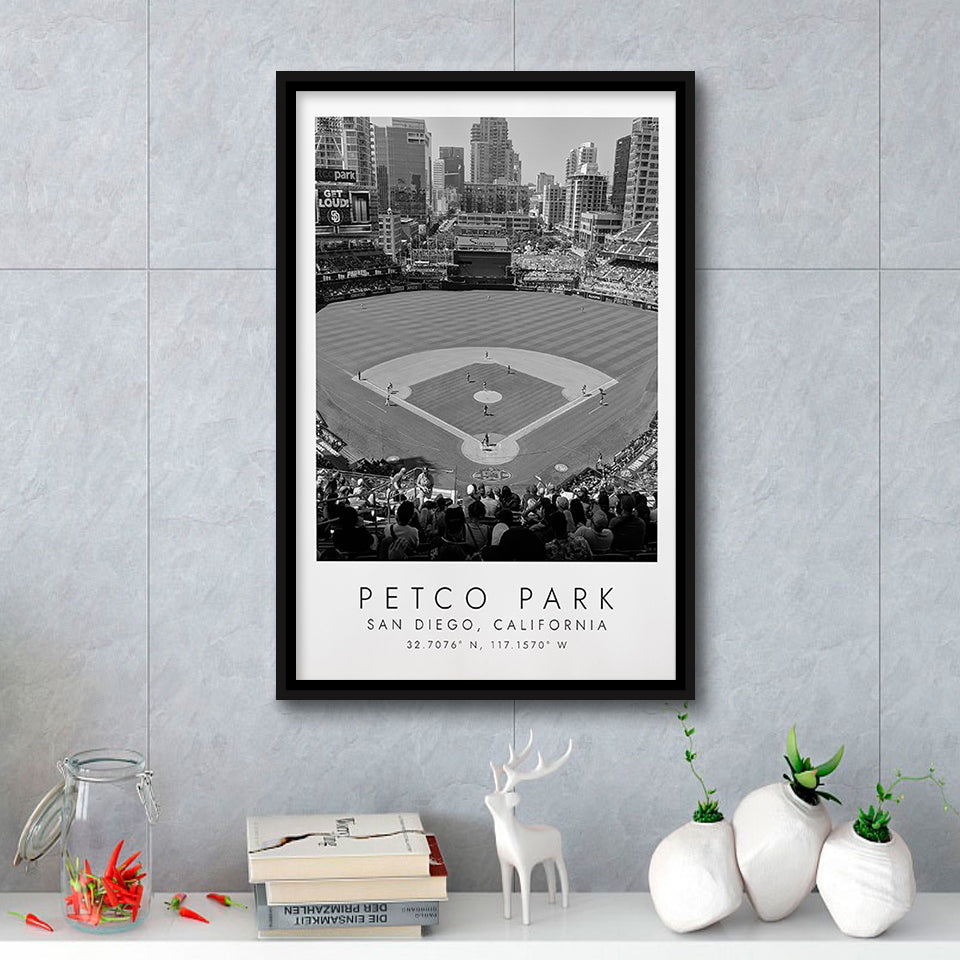 Petco Park San Diego Padres, Stadium Wall Art For Baseball Lovers, B&W, Floating Framed Canvas Print