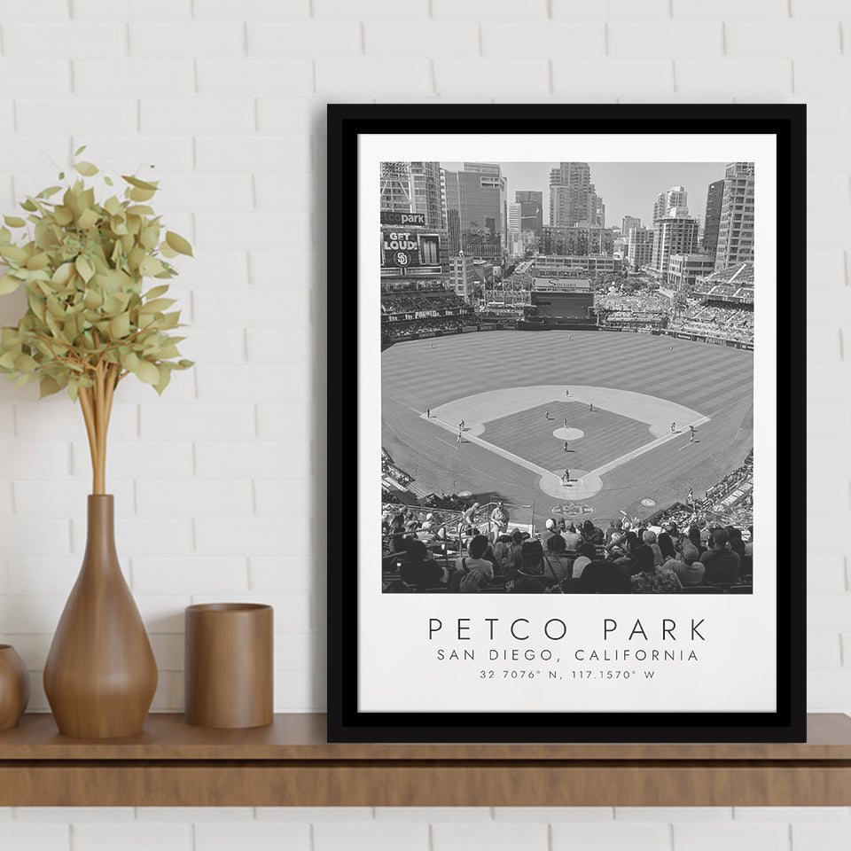 Petco Park San Diego Padres, Stadium Wall Art For Baseball Lovers, B&W, Floating Framed Canvas Print