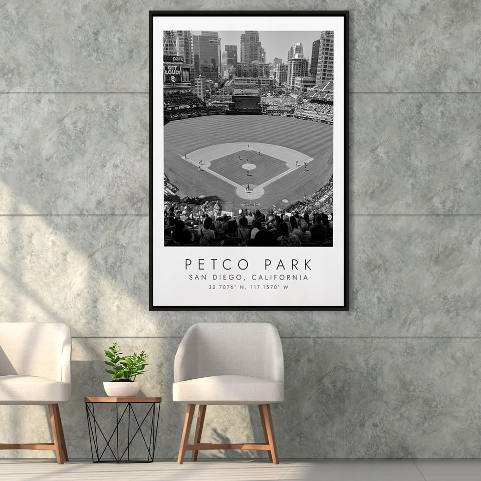 Petco Park San Diego Padres, Stadium Wall Art For Baseball Lovers, B&W, Floating Framed Canvas Print