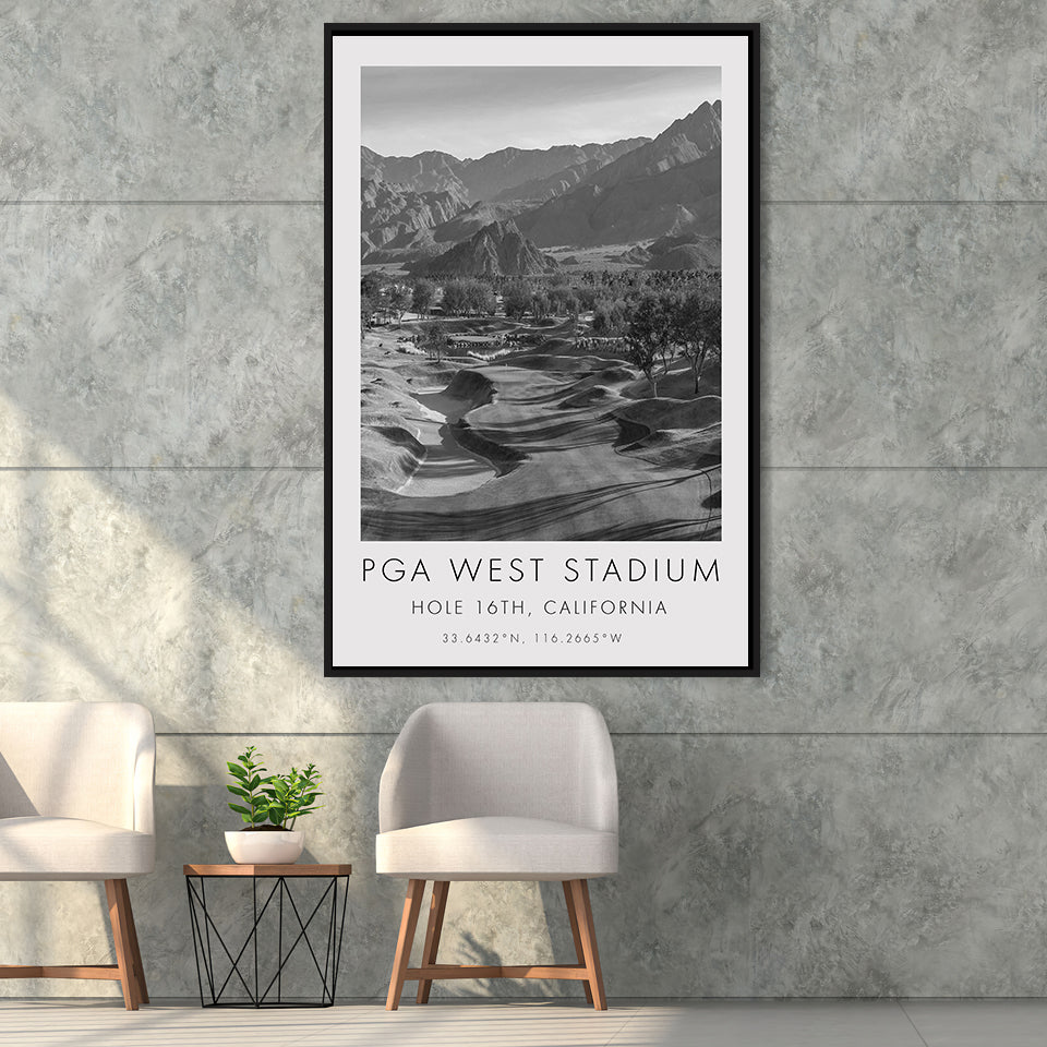 PGA WEST Stadium Course. Hole 16, California, Golf Art Print, Floating Frame, Framed Canvas Print Wall Art