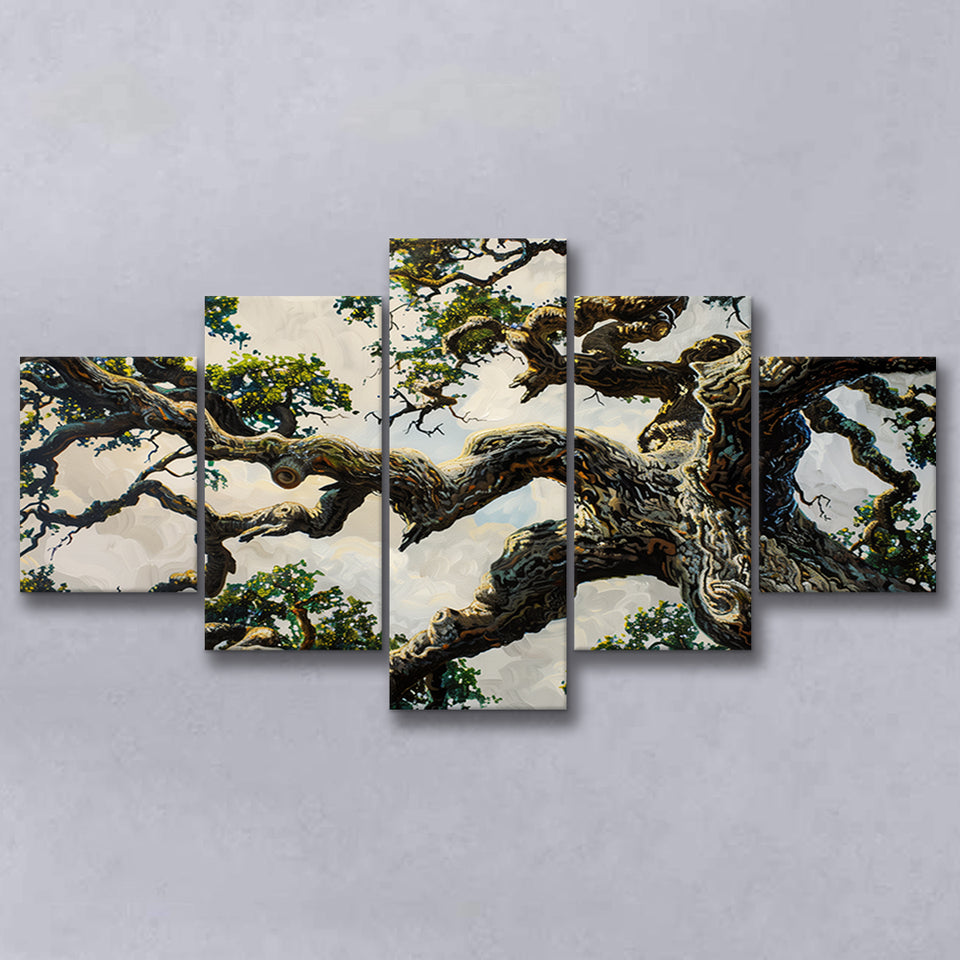 Painting Angle Big Oak Tree Vintage, Multi Panel Canvas Print Wall Art Decor, 5 Mixed Panel