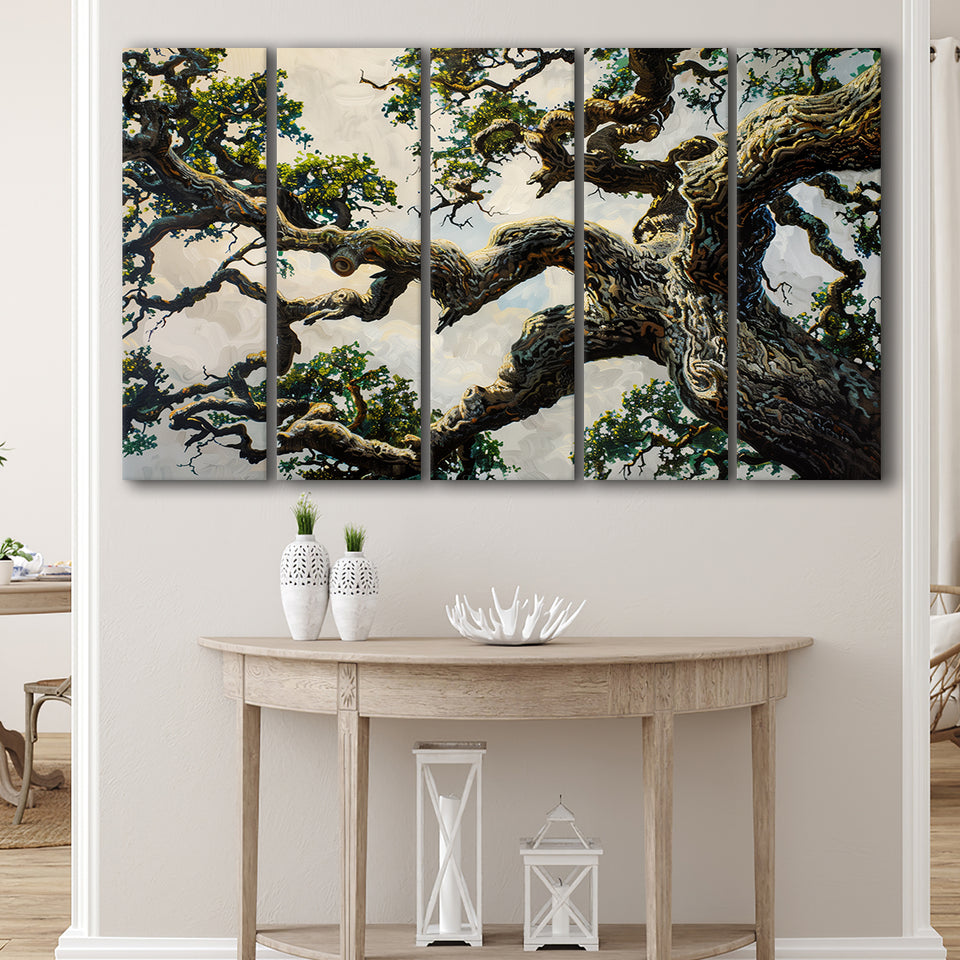 Painting Angle Big Oak Tree Vintage, Extra Large Multi 5 Panel Canvas Print Wall Art Decor