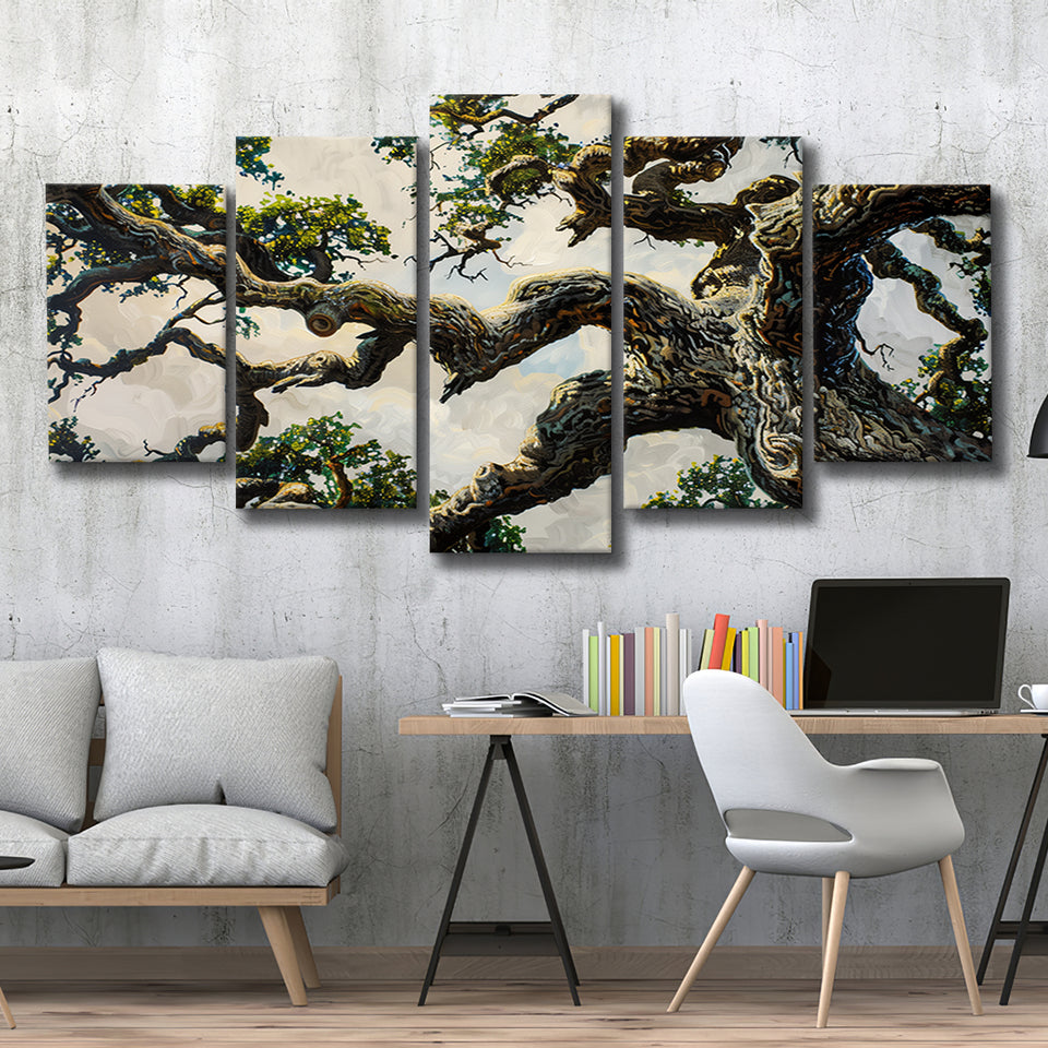 Painting Angle Big Oak Tree Vintage, Multi Panel Canvas Print Wall Art Decor, 5 Mixed Panel
