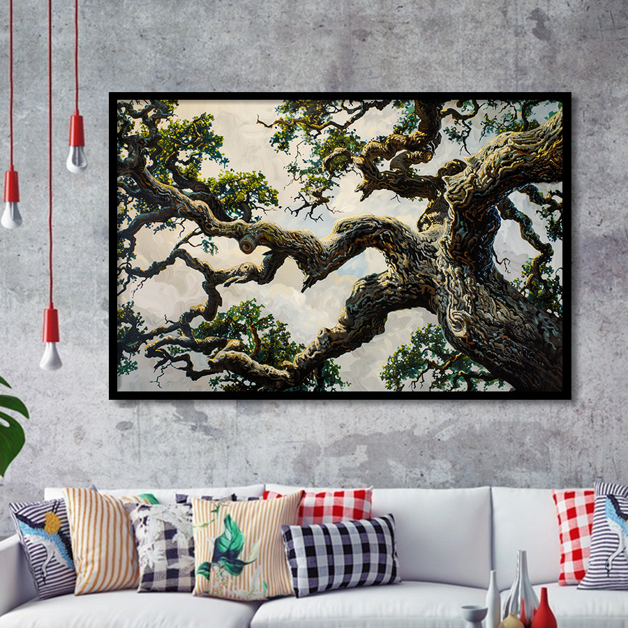 Painting Angle Big Oak Tree Vintage, Framed Art Print Wall Decor, Framed Picture