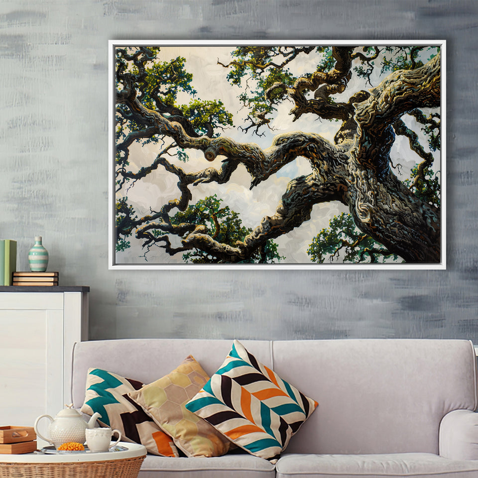 Painting Angle Big Oak Tree Vintage, Framed Canvas Print Wall Art Decor,Floating Frame