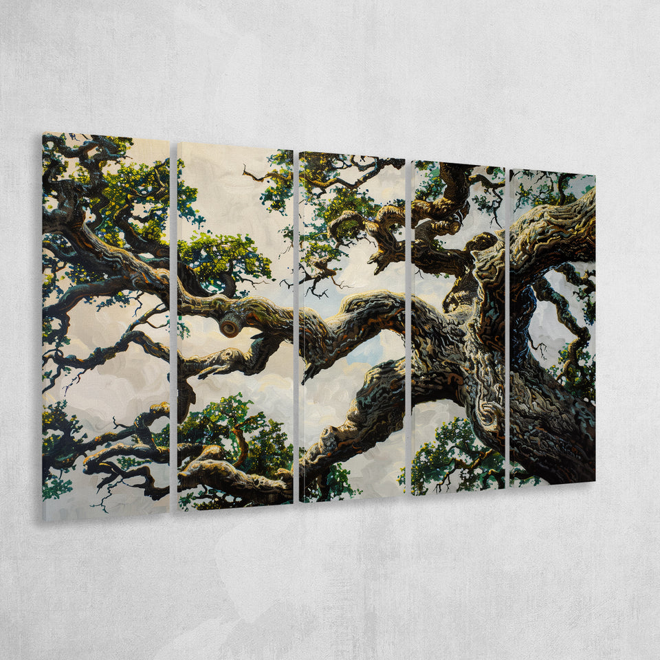 Painting Angle Big Oak Tree Vintage, Extra Large Multi 5 Panel Canvas Print Wall Art Decor