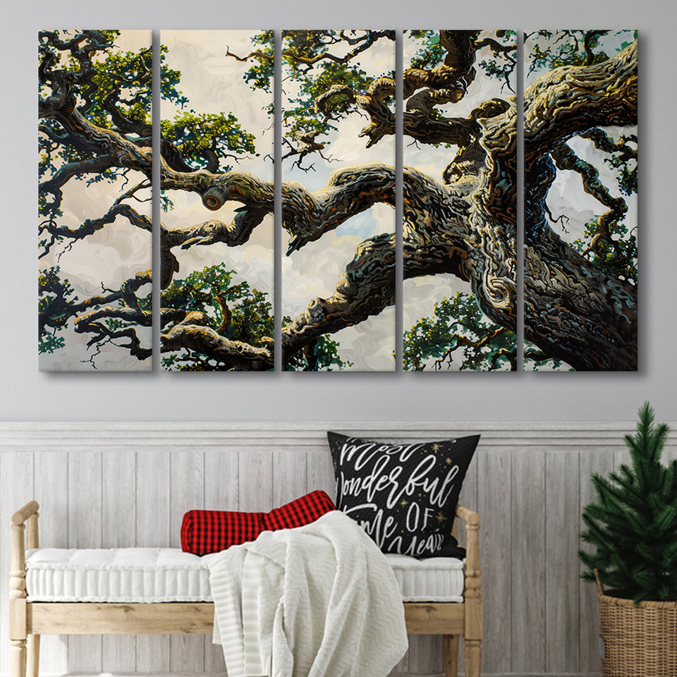 Painting Angle Big Oak Tree Vintage, Extra Large Multi 5 Panel Canvas Print Wall Art Decor