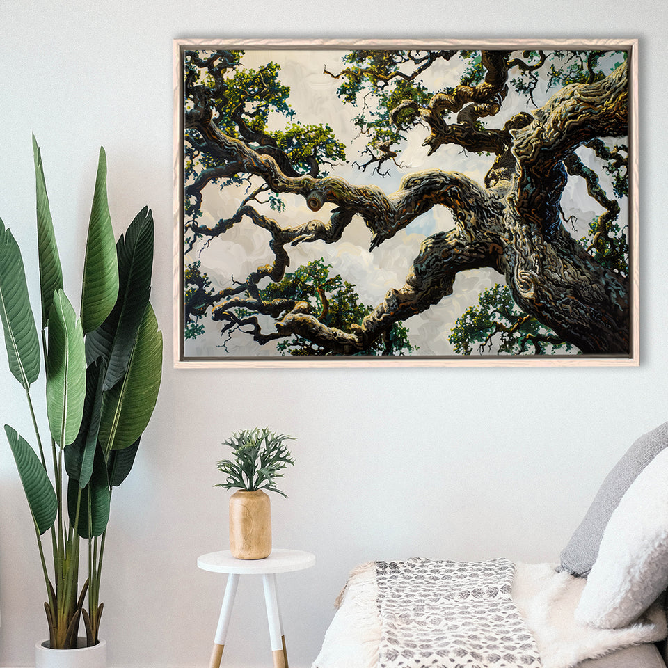 Painting Angle Big Oak Tree Vintage, Framed Canvas Print Wall Art Decor,Floating Frame