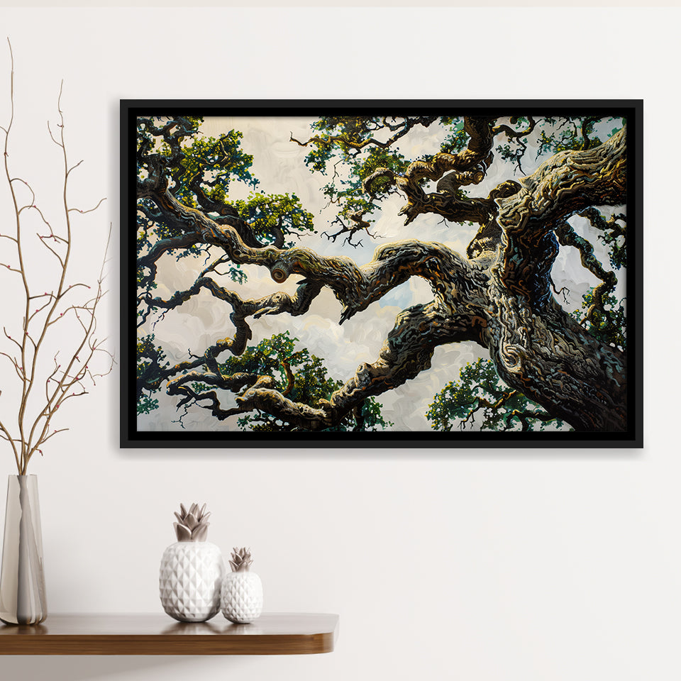 Painting Angle Big Oak Tree Vintage, Framed Canvas Print Wall Art Decor,Floating Frame