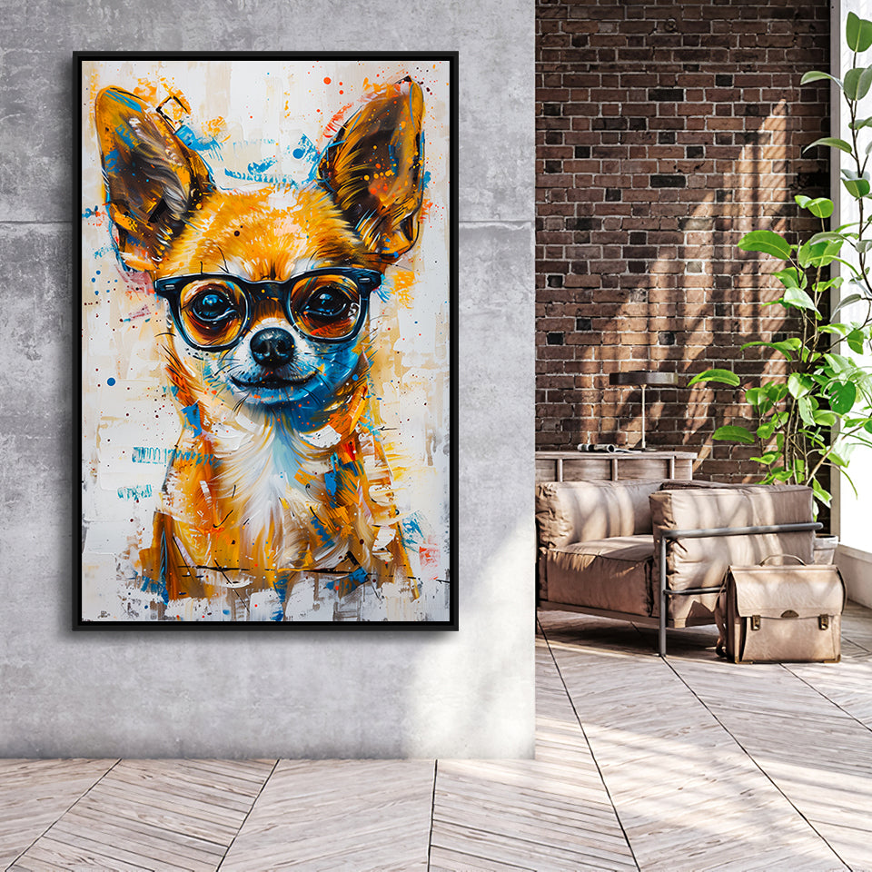 Painting Chihuahua Wearing Glasses Portrait V1, Framed Canvas Painting, Framed Canvas Prints Wall Art Decor