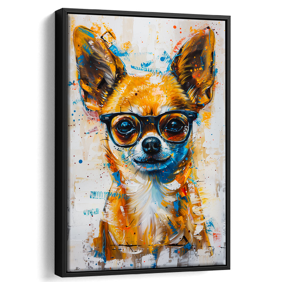 Painting Chihuahua Wearing Glasses Portrait V1, Framed Canvas Painting, Framed Canvas Prints Wall Art Decor