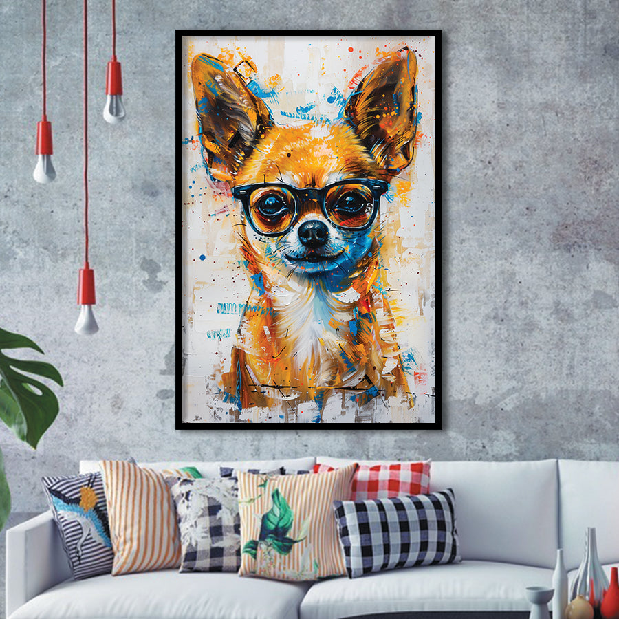 Painting Chihuahua Wearing Glasses Portrait V1, Framed Art Print Wall Decor, Framed Picture