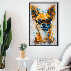 Painting Chihuahua Wearing Glasses Portrait V1, Framed Canvas Painting, Framed Canvas Prints Wall Art Decor