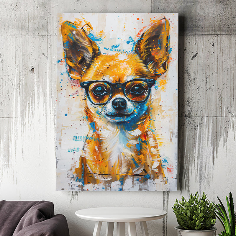 Painting Chihuahua Wearing Glasses Portrait V1, Canvas Painting, Canvas Prints Wall Art Decor