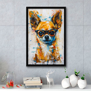 Painting Chihuahua Wearing Glasses Portrait V1, Framed Canvas Painting, Framed Canvas Prints Wall Art Decor