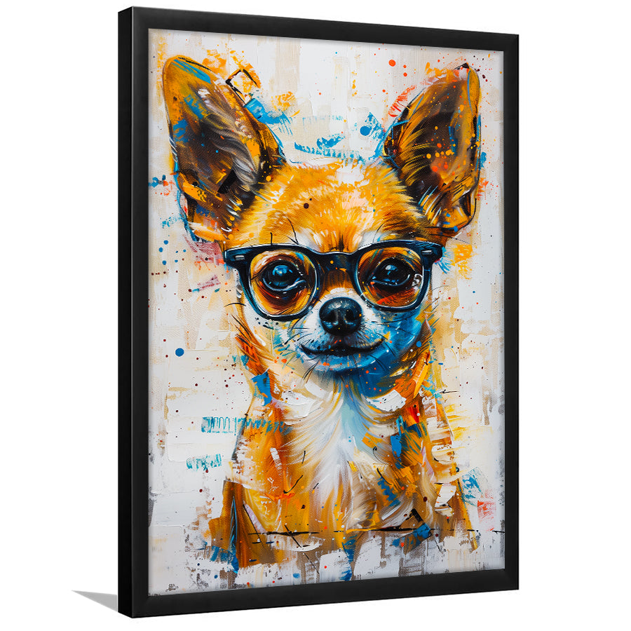 Painting Chihuahua Wearing Glasses Portrait V1, Framed Art Print Wall Decor, Framed Picture