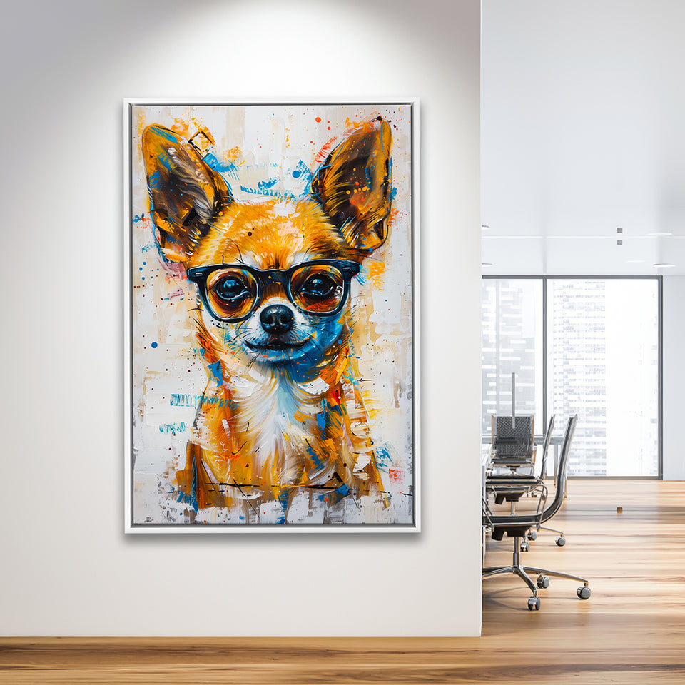 Painting Chihuahua Wearing Glasses Portrait V1, Framed Canvas Painting, Framed Canvas Prints Wall Art Decor