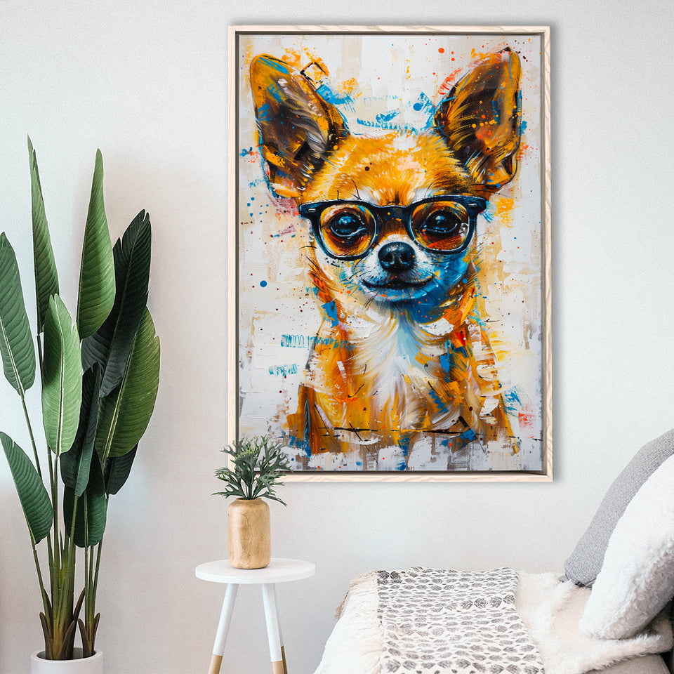 Painting Chihuahua Wearing Glasses Portrait V1, Framed Canvas Painting, Framed Canvas Prints Wall Art Decor