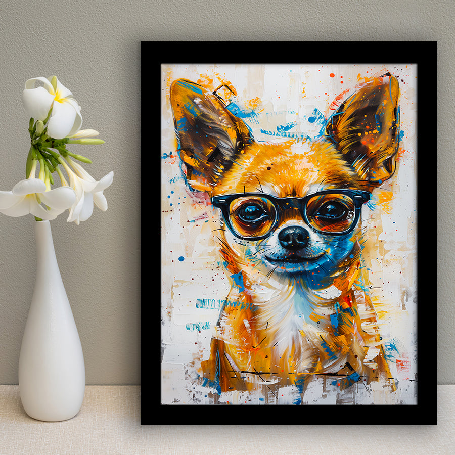Painting Chihuahua Wearing Glasses Portrait V1, Framed Art Print Wall Decor, Framed Picture