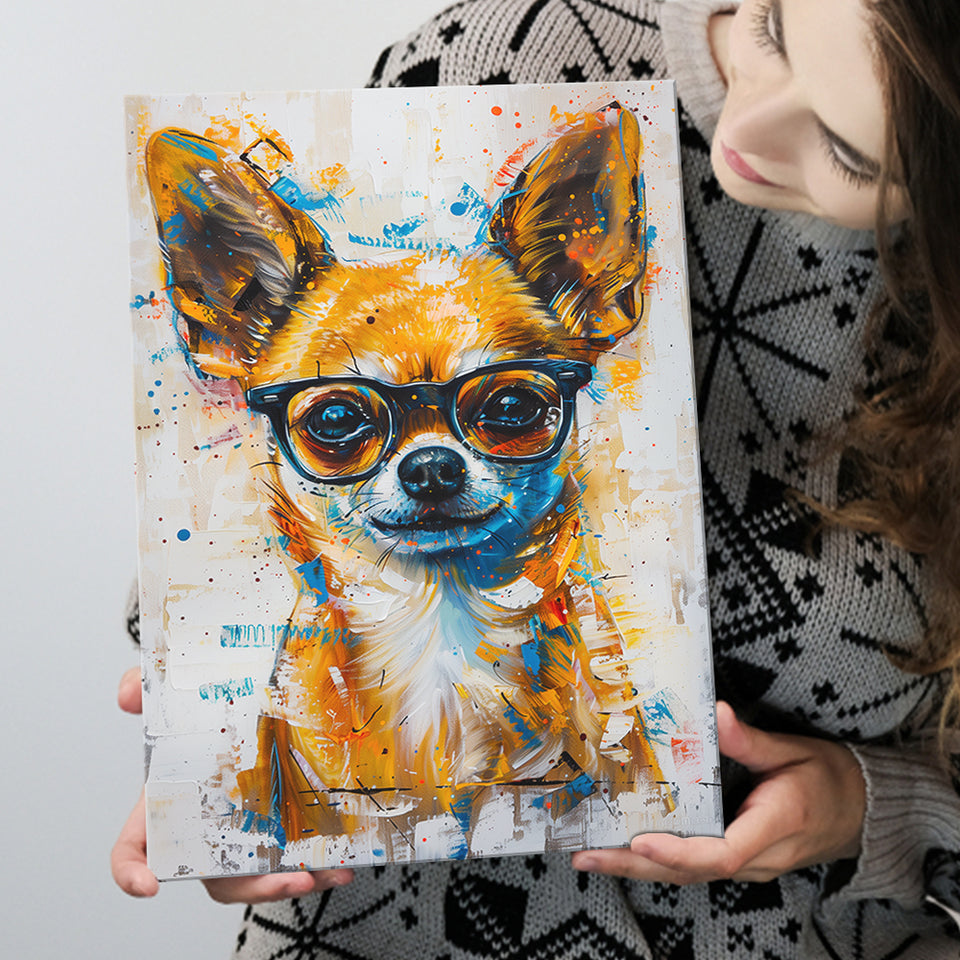 Painting Chihuahua Wearing Glasses Portrait V1, Canvas Painting, Canvas Prints Wall Art Decor