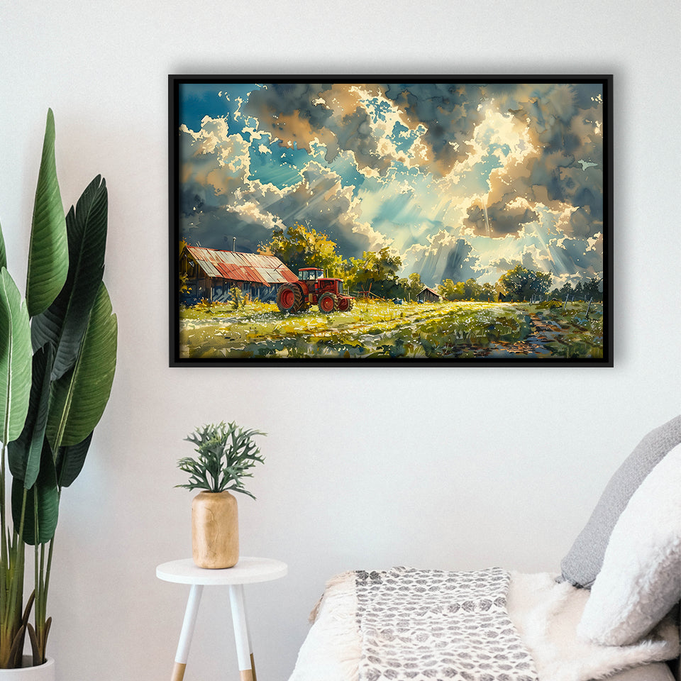 Painting Clouds Over The Backyard And Old Tractor, Floating Frame, Framed Canvas Print Wall Art Home Decor