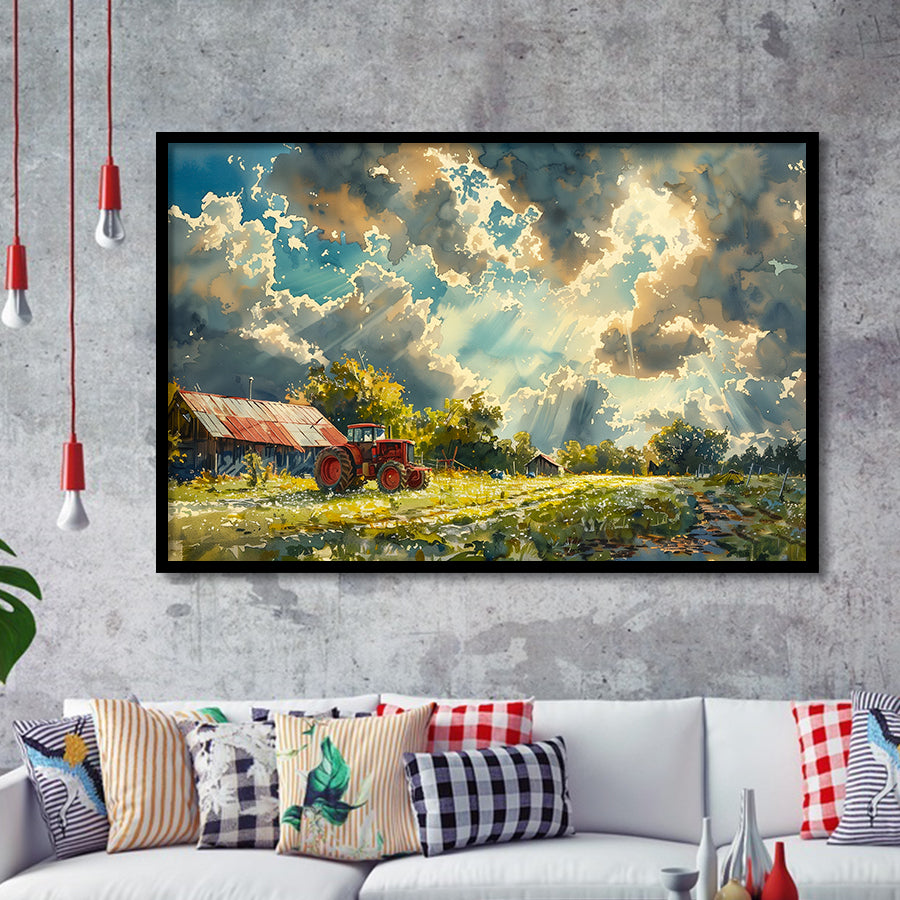 Painting Clouds Over The Backyard And Old Tractor, Painting Art, Framed Art Print Wall Art Home Decor