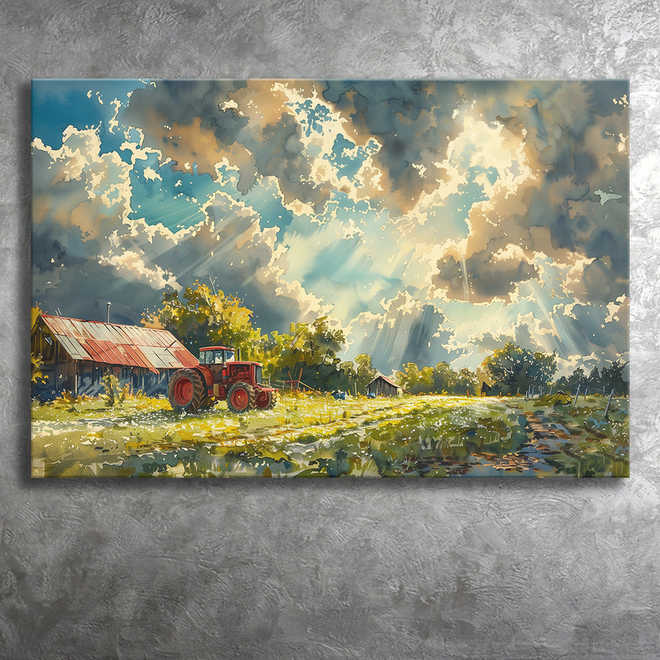 Painting Clouds Over The Backyard And Old Tractor, Art Print, Canvas Print Wall Art Home Decor