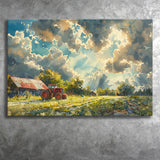 Painting Clouds Over The Backyard And Old Tractor, Art Print, Canvas Print Wall Art Home Decor