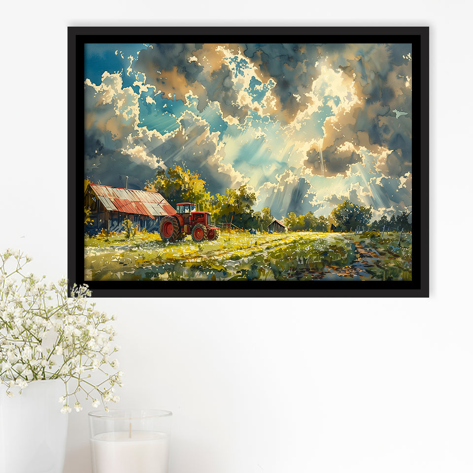Painting Clouds Over The Backyard And Old Tractor, Floating Frame, Framed Canvas Print Wall Art Home Decor