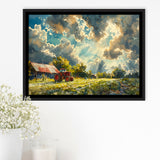 Painting Clouds Over The Backyard And Old Tractor, Floating Frame, Framed Canvas Print Wall Art Home Decor