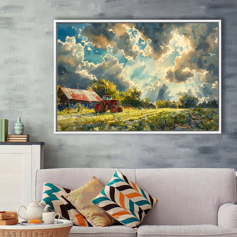 Painting Clouds Over The Backyard And Old Tractor, Floating Frame, Framed Canvas Print Wall Art Home Decor