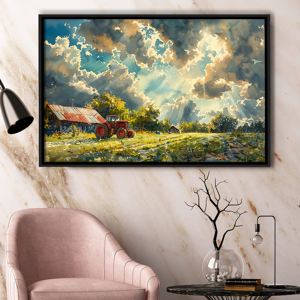 Painting Clouds Over The Backyard And Old Tractor, Floating Frame, Framed Canvas Print Wall Art Home Decor