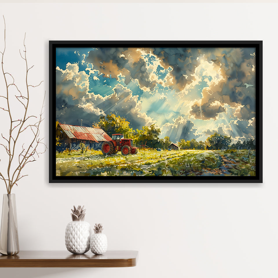 Painting Clouds Over The Backyard And Old Tractor, Floating Frame, Framed Canvas Print Wall Art Home Decor